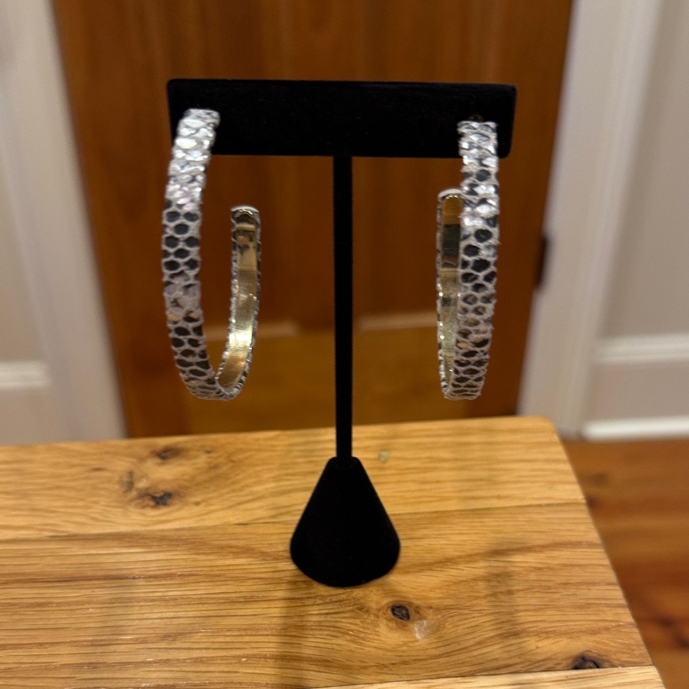 Silver Snakeskin Textured Hoop Earrings - Women Jewelry